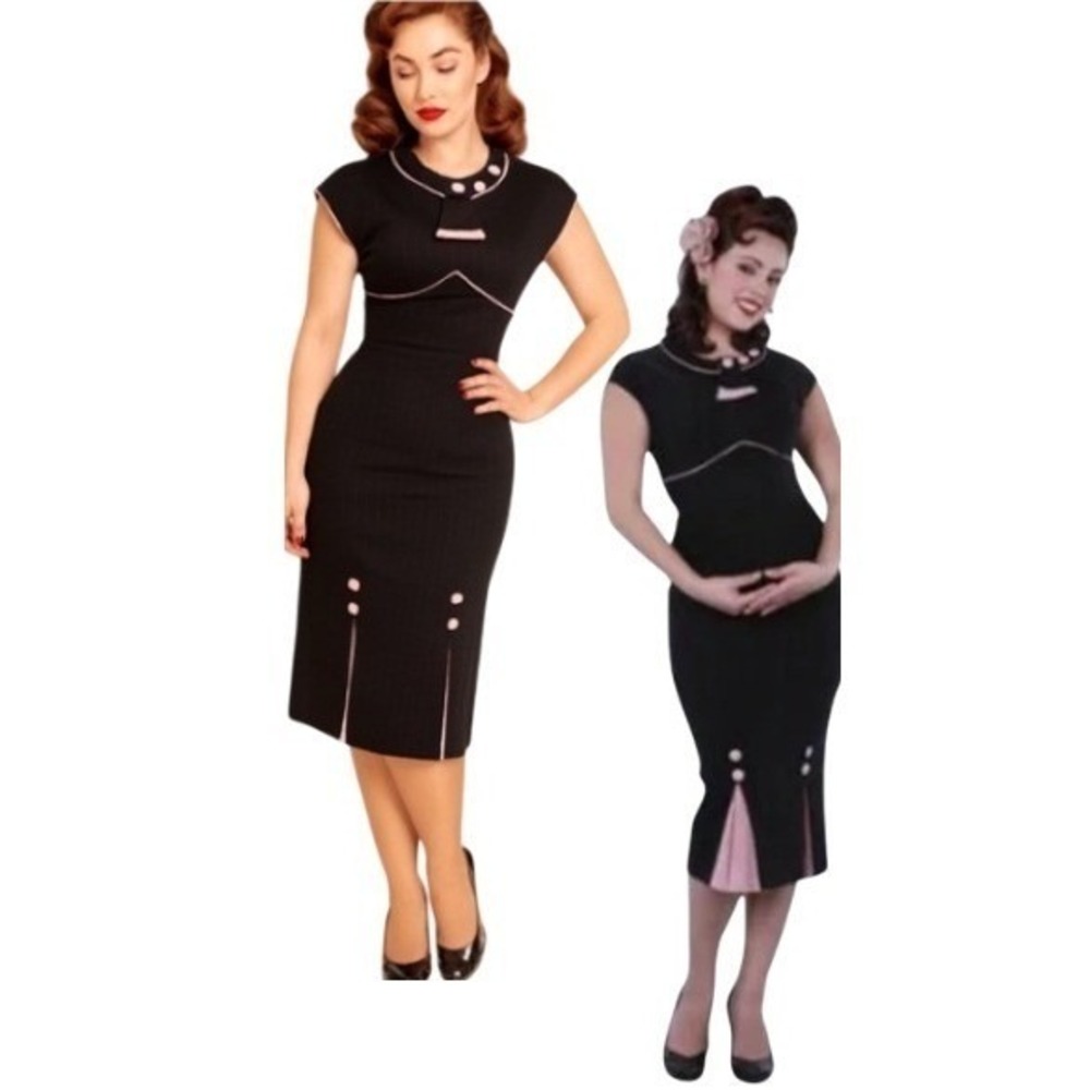 Stop Staring! Black Wiggle Dress Soft Pink Trim XL Vintage Pin-Up Midi - Picture 5 of 16